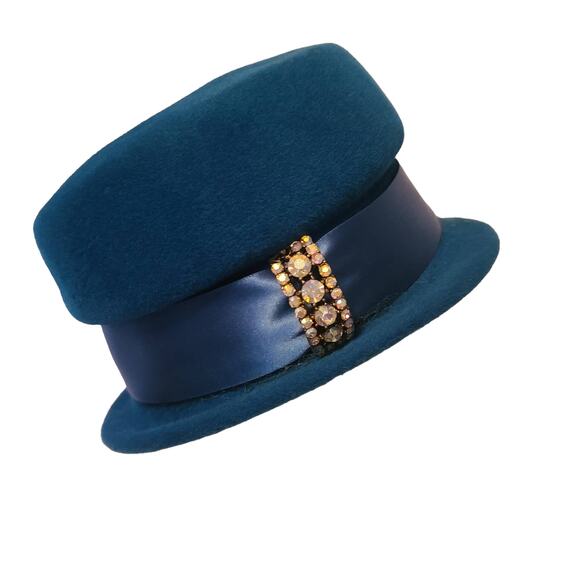 Blue Vintage Peachbloom Couture An Angel Style Ladies Velour Hat Bow & Bling - Picture 1 of 8